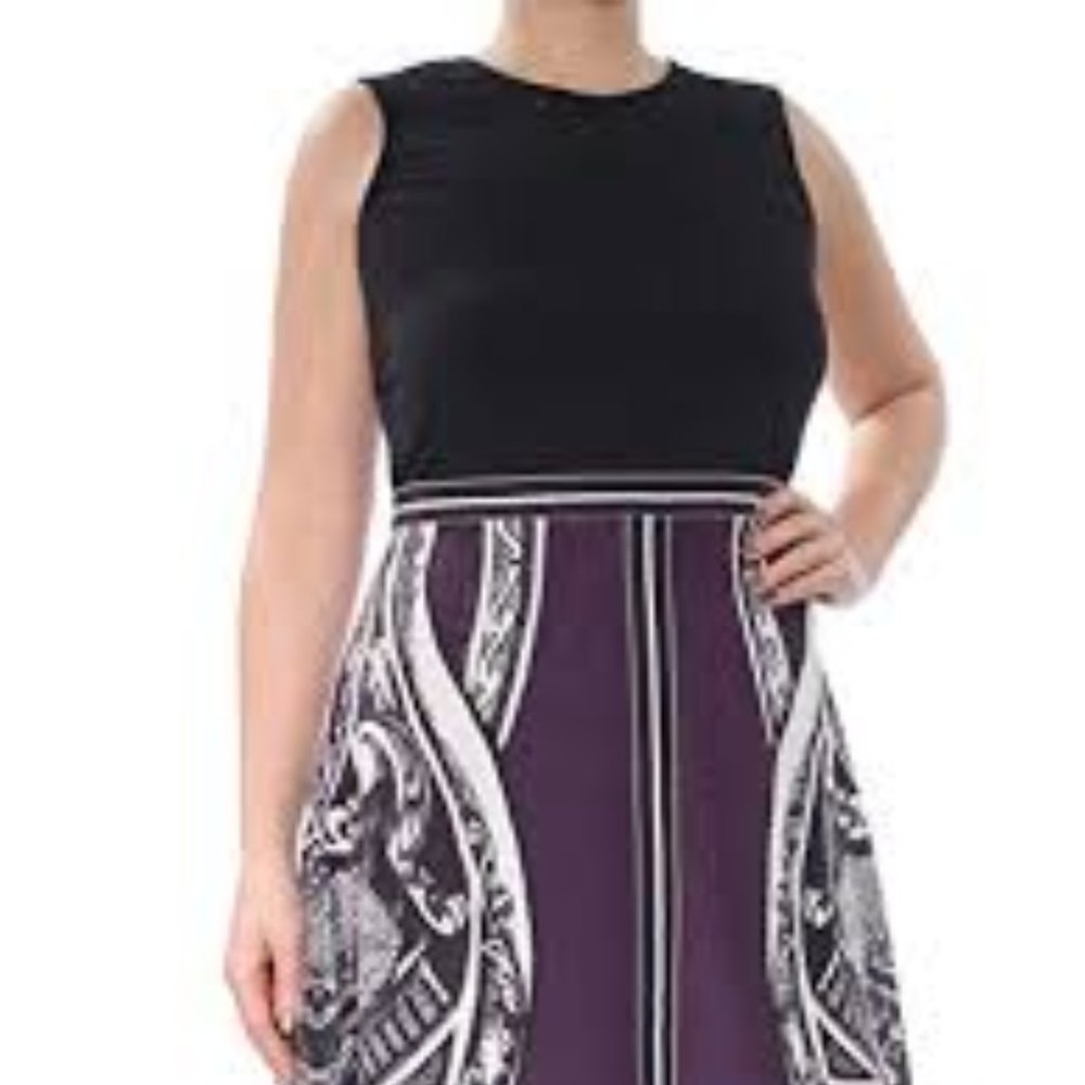 NWT! DKNY Printed Fit Flare Dress Black Aubergine - Picture 2 of 3